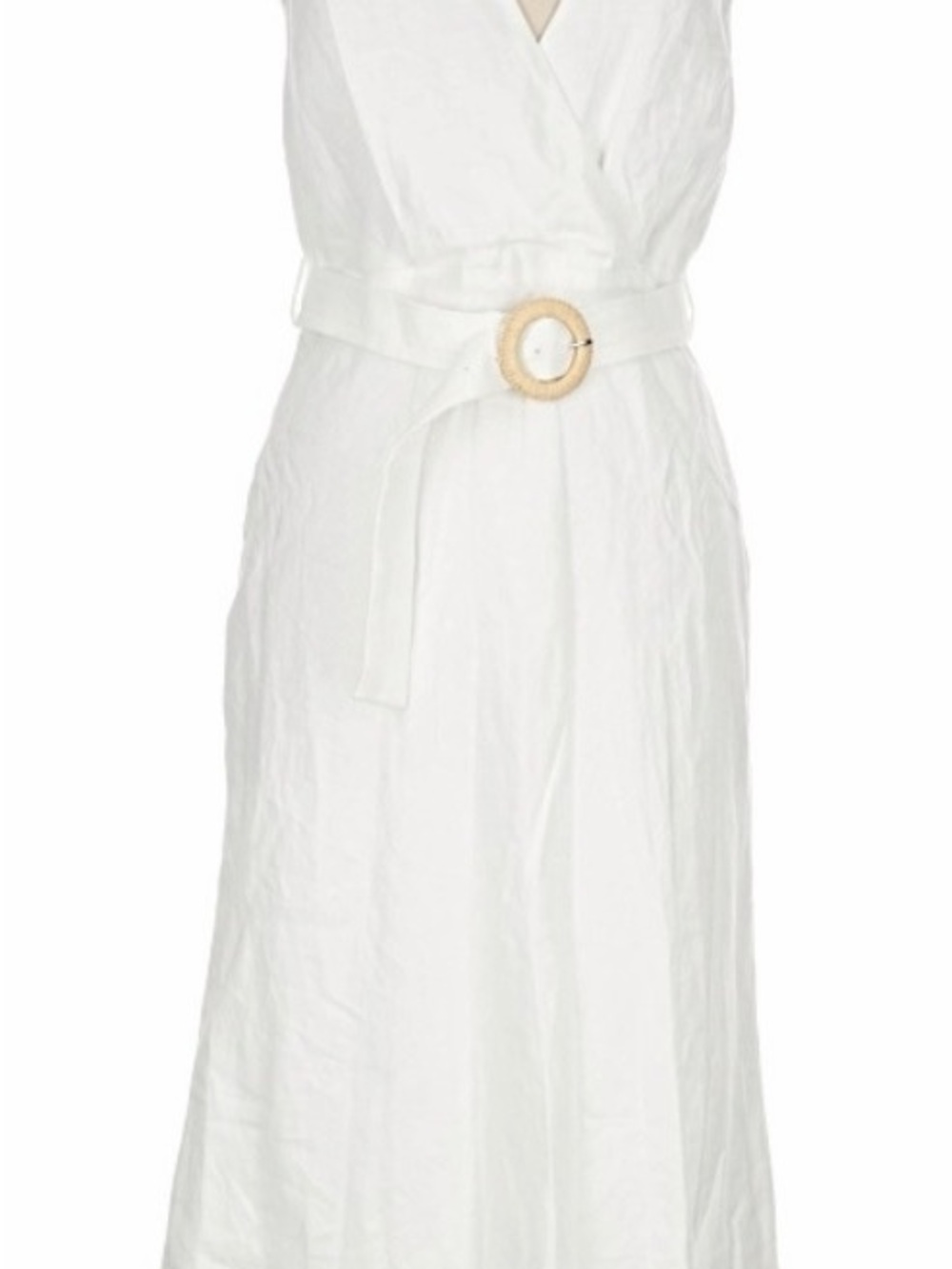 Mango White Sleeveless Linen Midi Dress with Round Buckle Belt